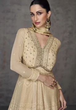 Embroidered Georgette Abaya Style Suit in Beige