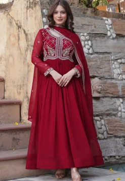 Embroidered Georgette Abaya Style Suit in Maroon