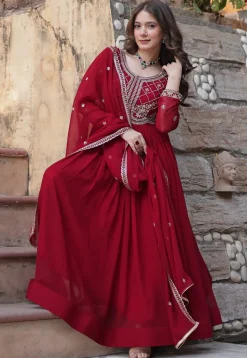 Embroidered Georgette Abaya Style Suit in Maroon