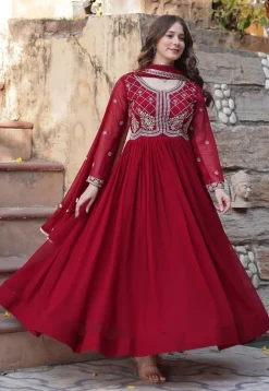 Embroidered Georgette Abaya Style Suit in Maroon