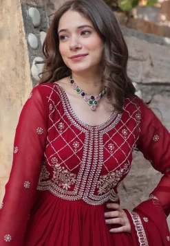 Embroidered Georgette Abaya Style Suit in Maroon