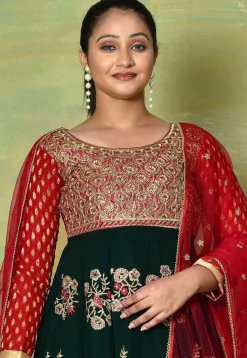 Embroidered Georgette Abaya Style Suit in Dark Green and Red