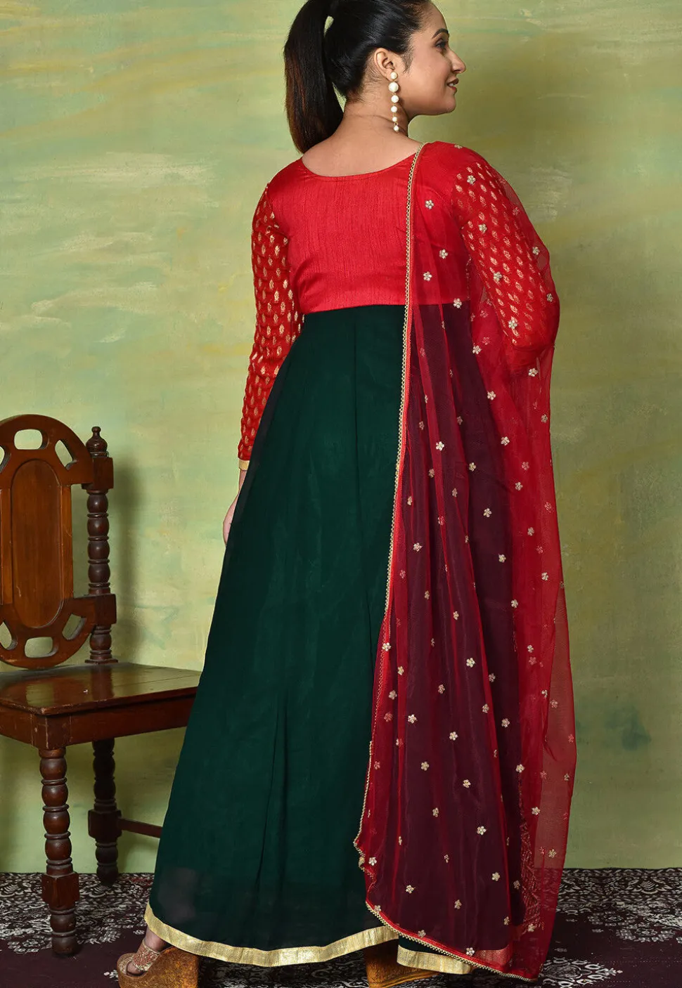 Embroidered Georgette Abaya Style Suit in Dark Green and Red