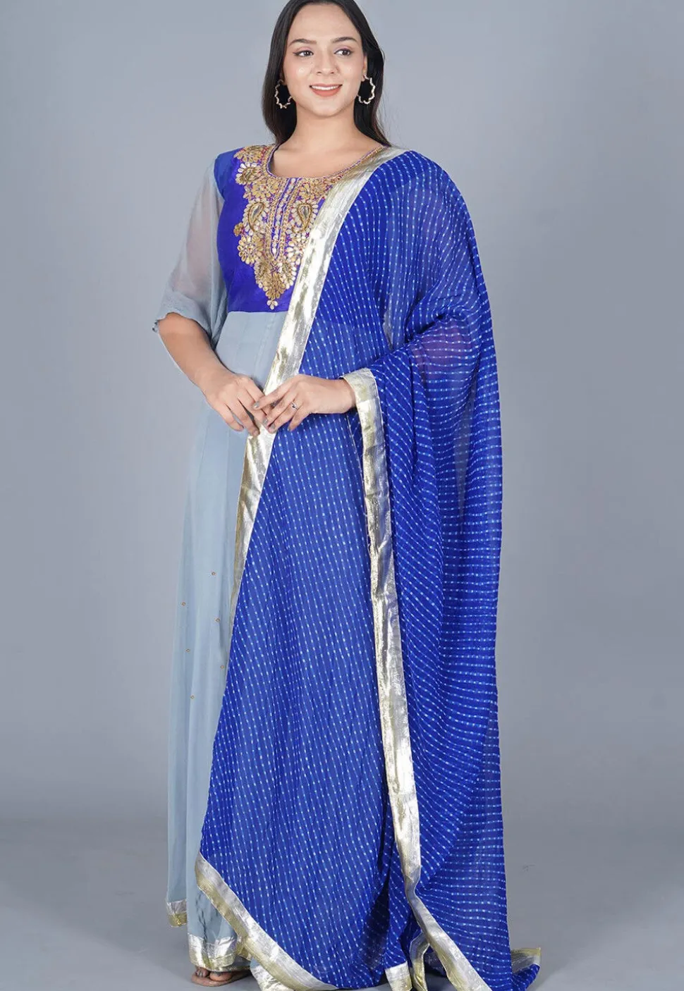 Embroidered Georgette Abaya Style Suit in Royal Blue and Grey