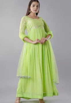 Embroidered Georgette Abaya Style Suit in Light Green