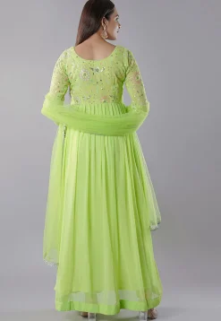 Embroidered Georgette Abaya Style Suit in Light Green