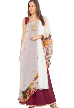 Embroidered Georgette Abaya Style Suit in Off White and Wine