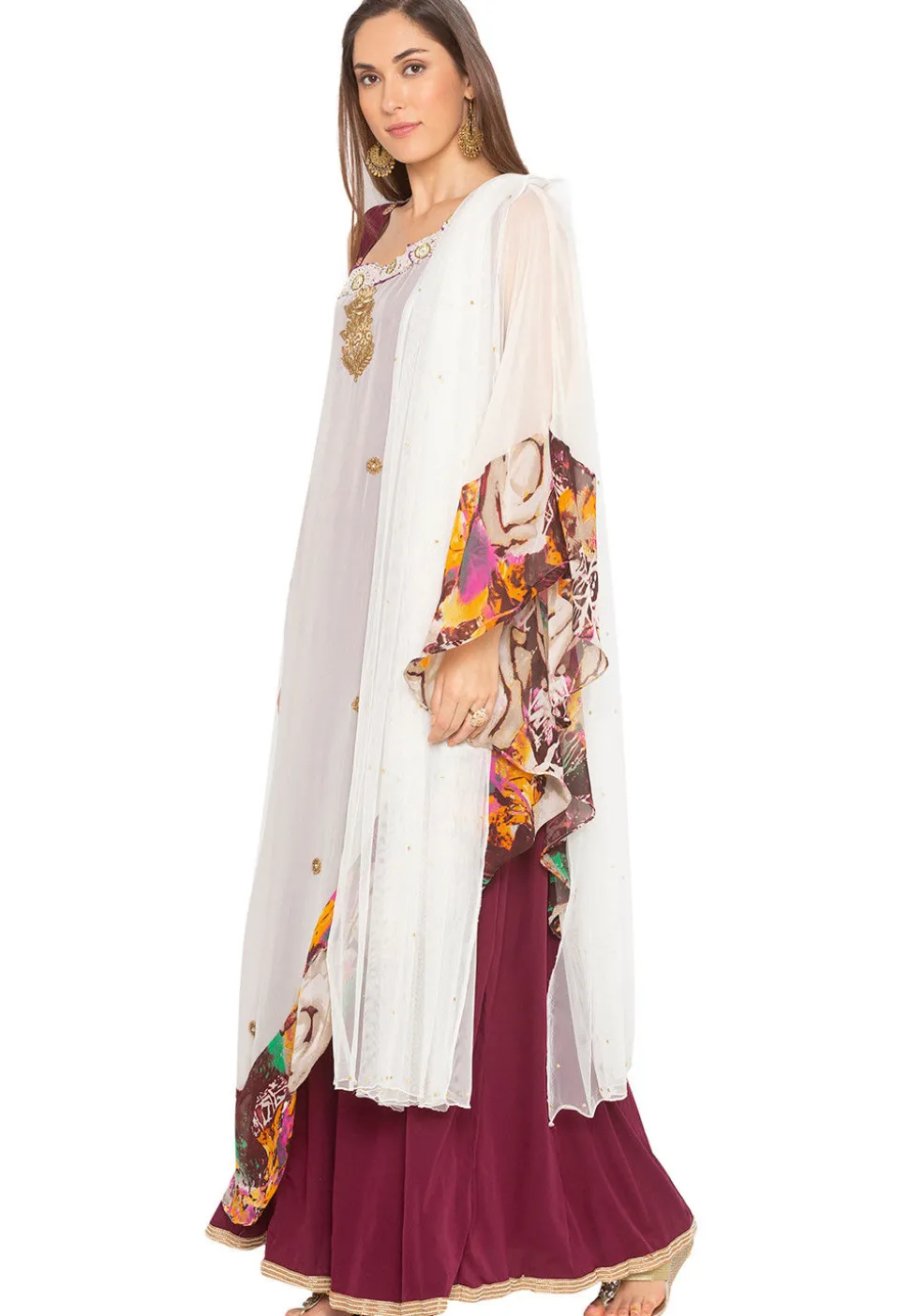 Embroidered Georgette Abaya Style Suit in Off White and Wine