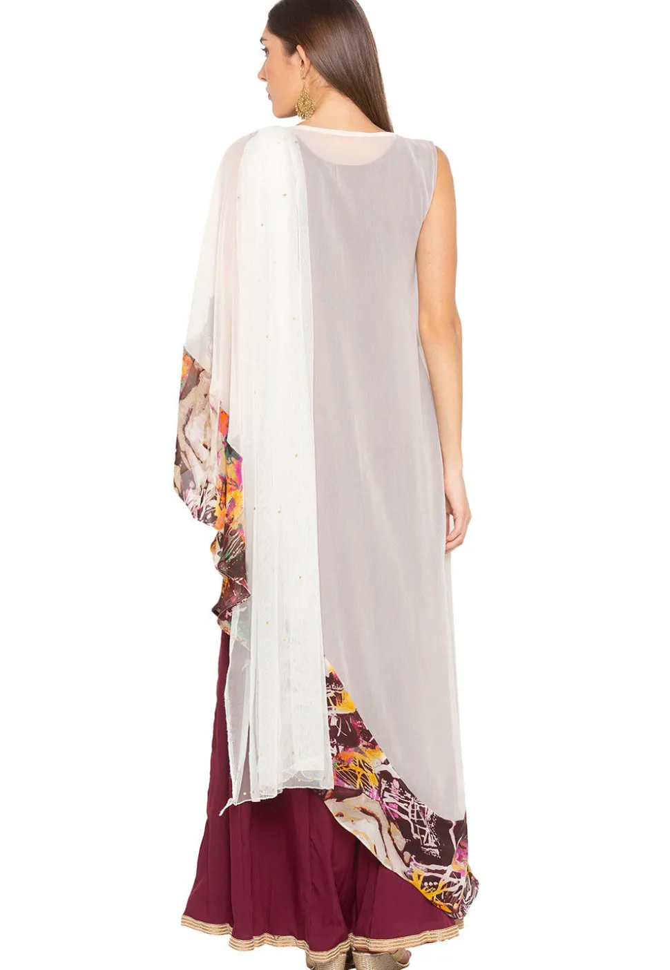 Embroidered Georgette Abaya Style Suit in Off White and Wine