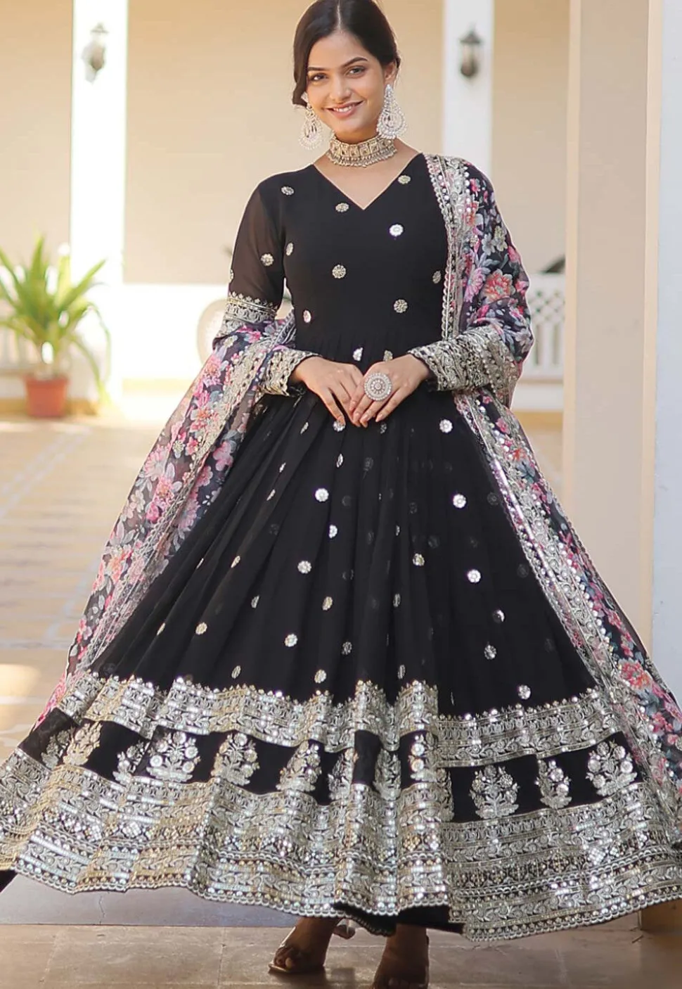 Embroidered Georgette Abaya Style Suit in Black