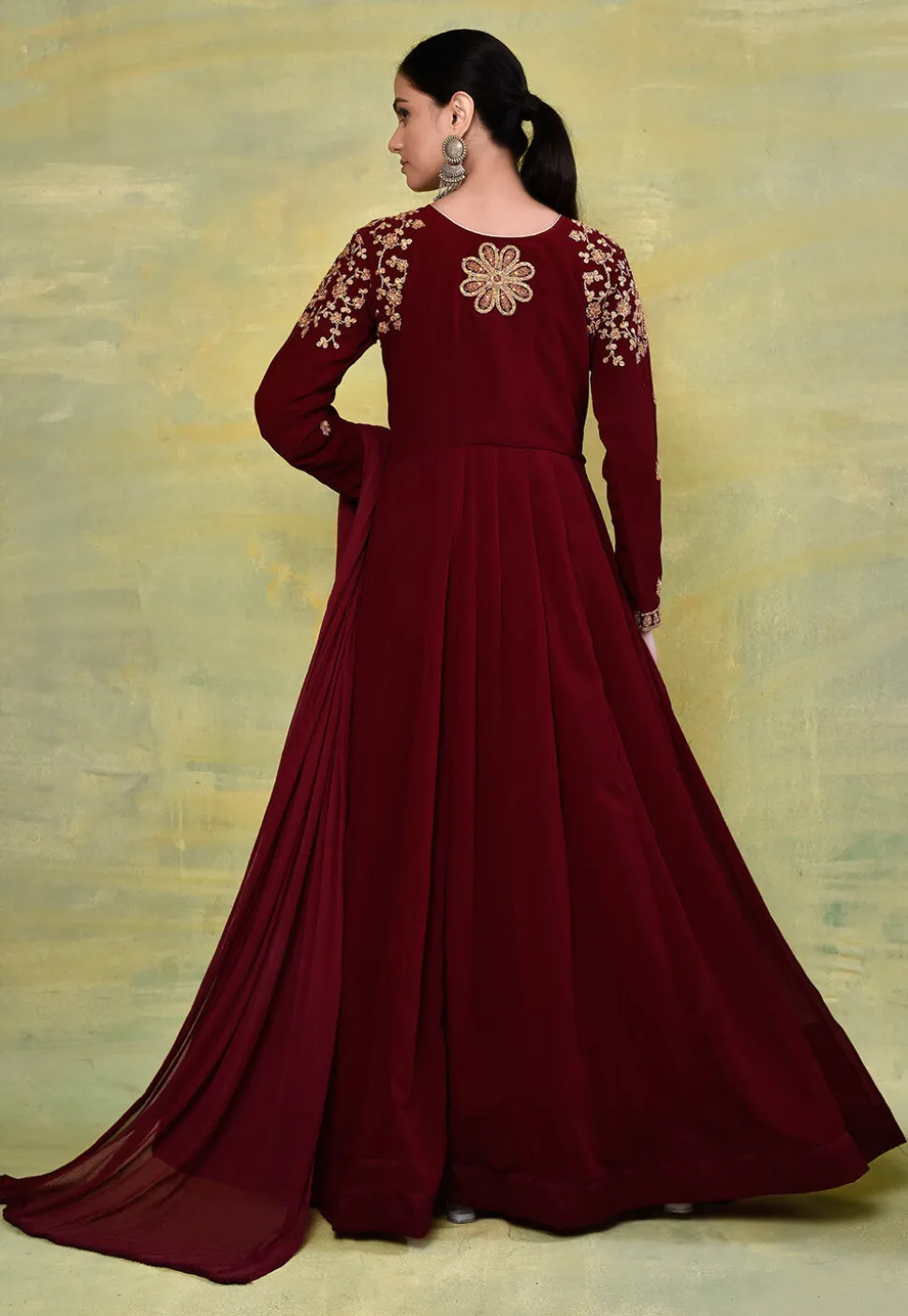 Embroidered Georgette Abaya Style Suit in Maroon