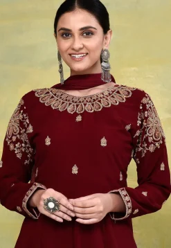 Embroidered Georgette Abaya Style Suit in Maroon