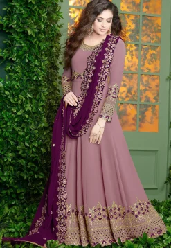 Embroidered Georgette Abaya Style Suit in Light Purple