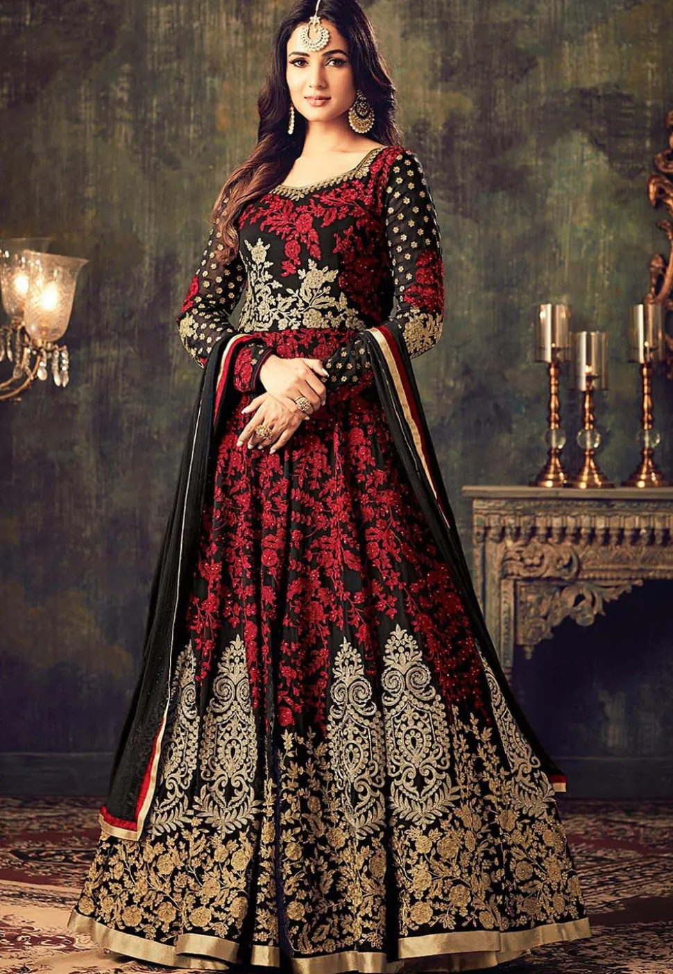 Embroidered Georgette Abaya Style Suit in Black