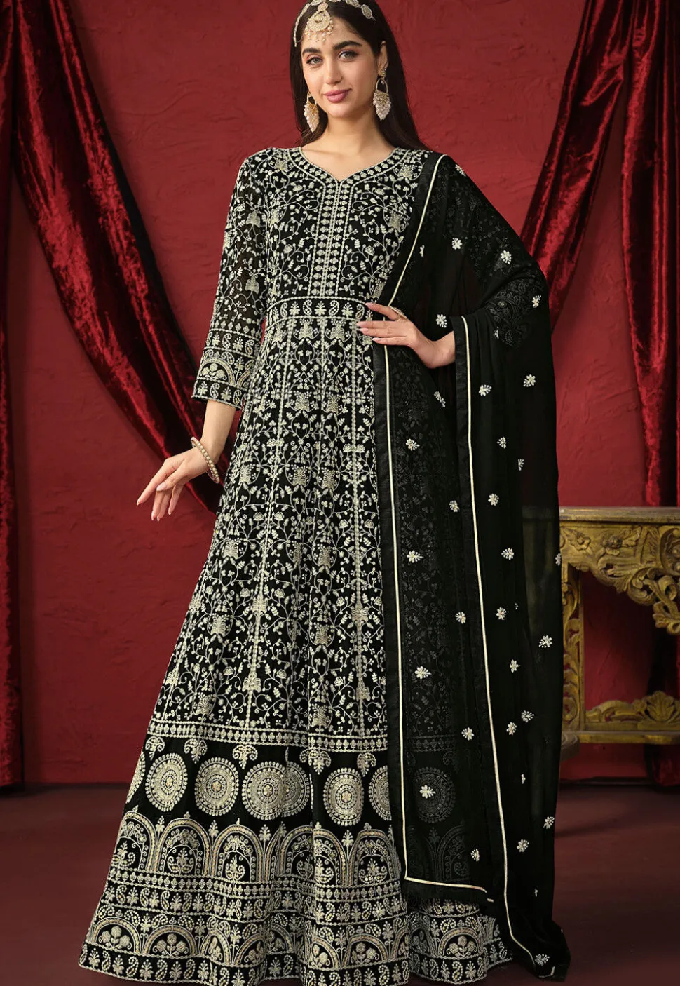 Embroidered Georgette Abaya Style Suit in Black