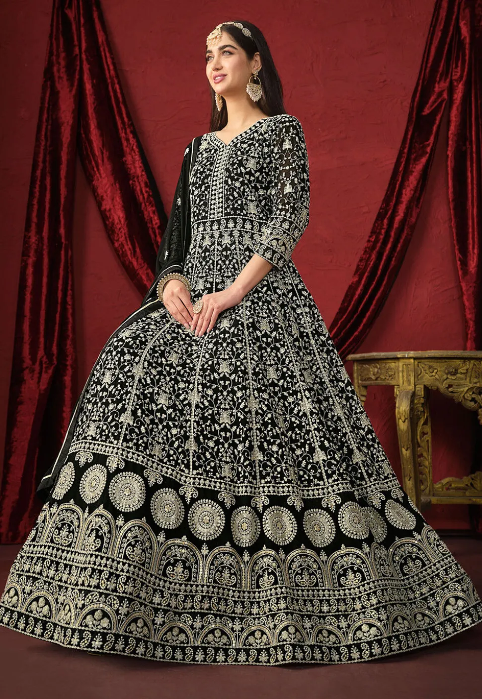 Embroidered Georgette Abaya Style Suit in Black