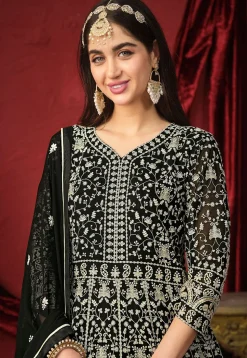 Embroidered Georgette Abaya Style Suit in Black