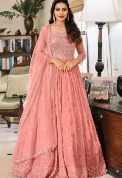 Embroidered Georgette Abaya Style Suit in Peach