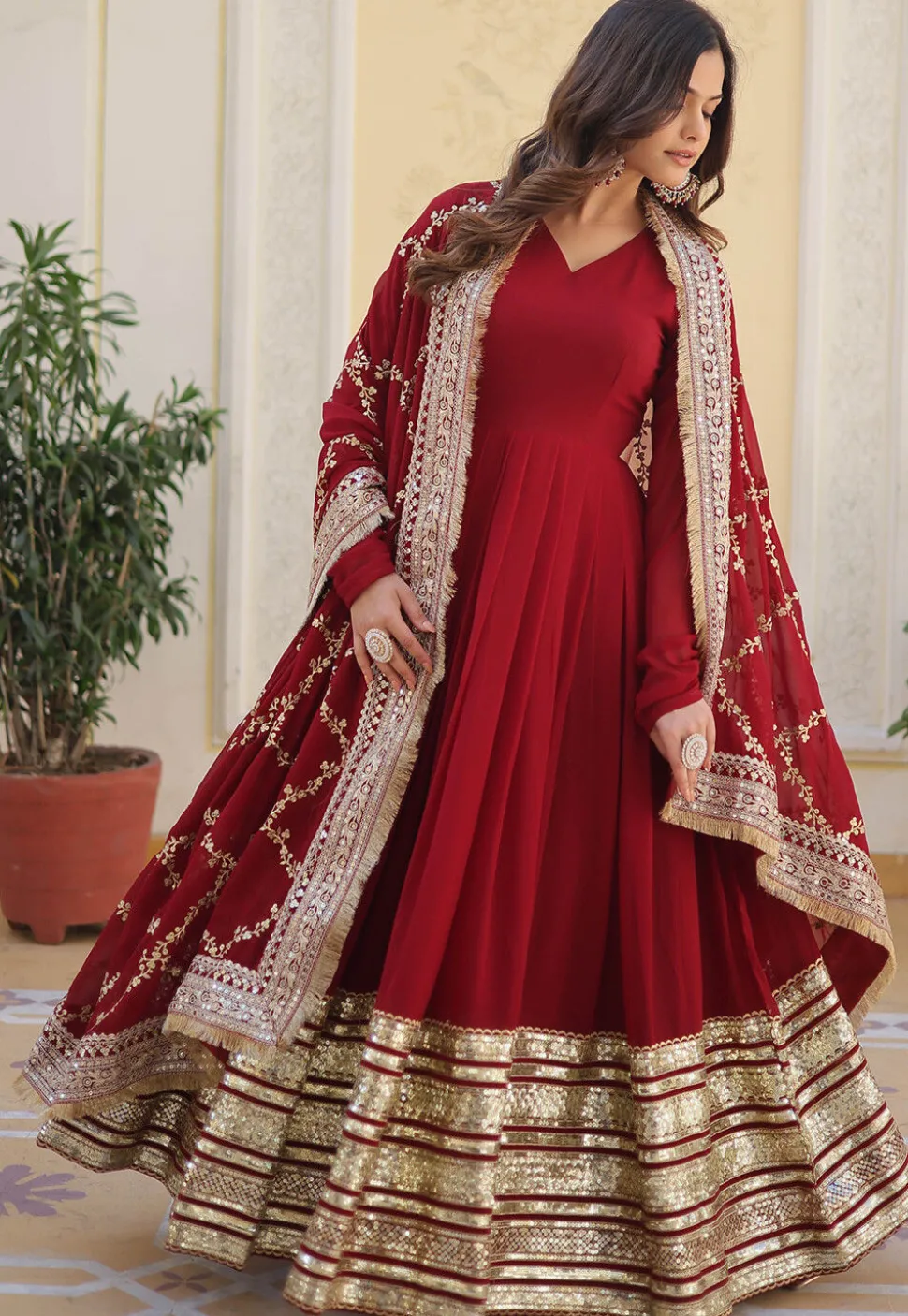 Embroidered Georgette Abaya Style Suit in Maroon
