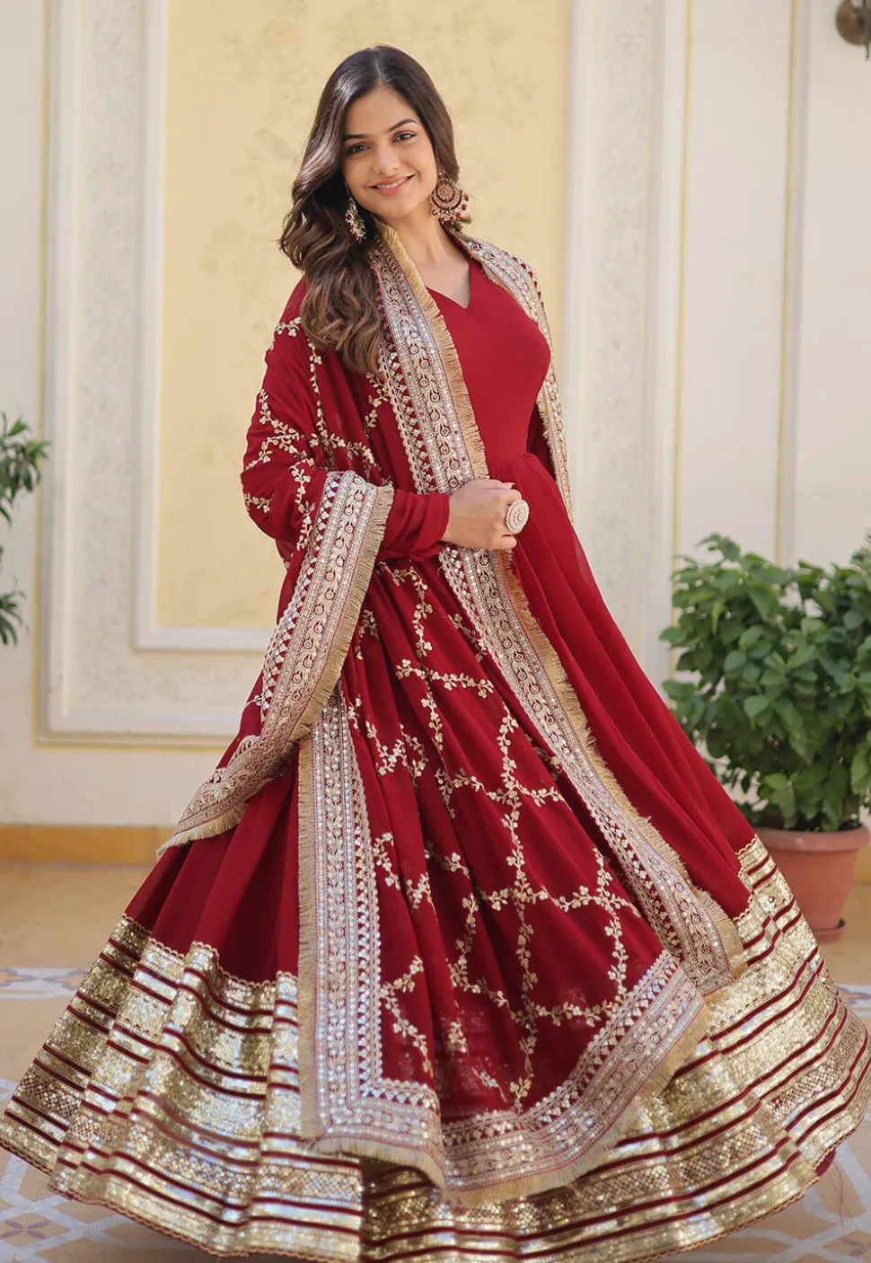 Embroidered Georgette Abaya Style Suit in Maroon