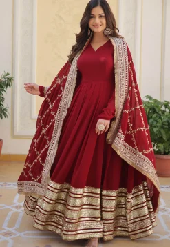 Embroidered Georgette Abaya Style Suit in Maroon