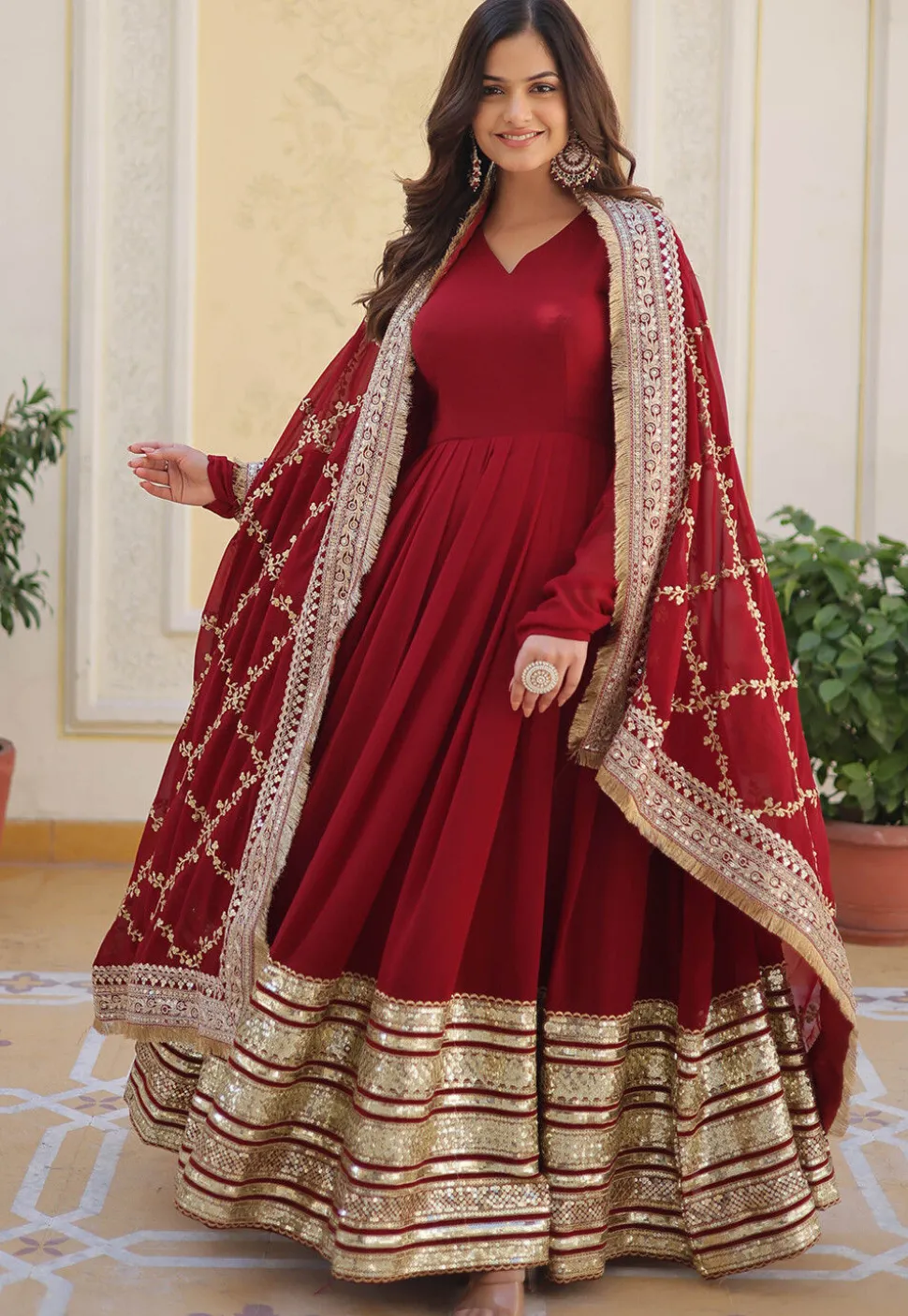 Embroidered Georgette Abaya Style Suit in Maroon