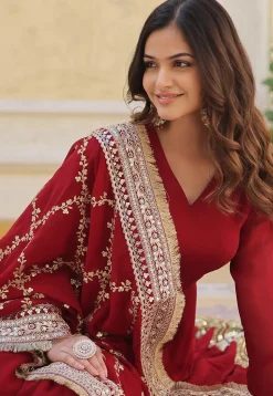 Embroidered Georgette Abaya Style Suit in Maroon