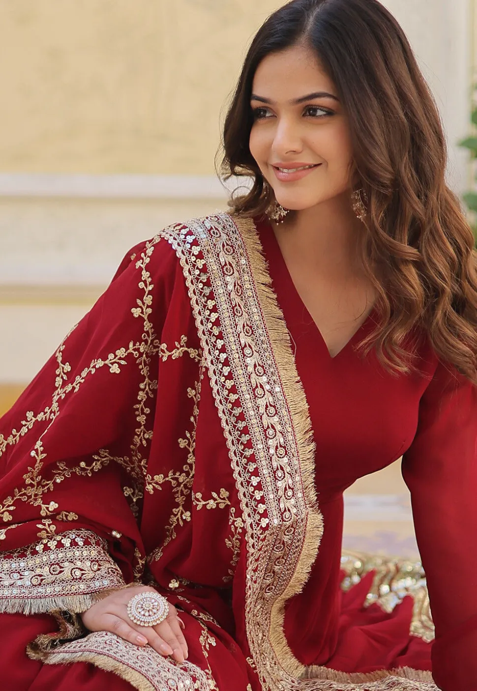 Embroidered Georgette Abaya Style Suit in Maroon