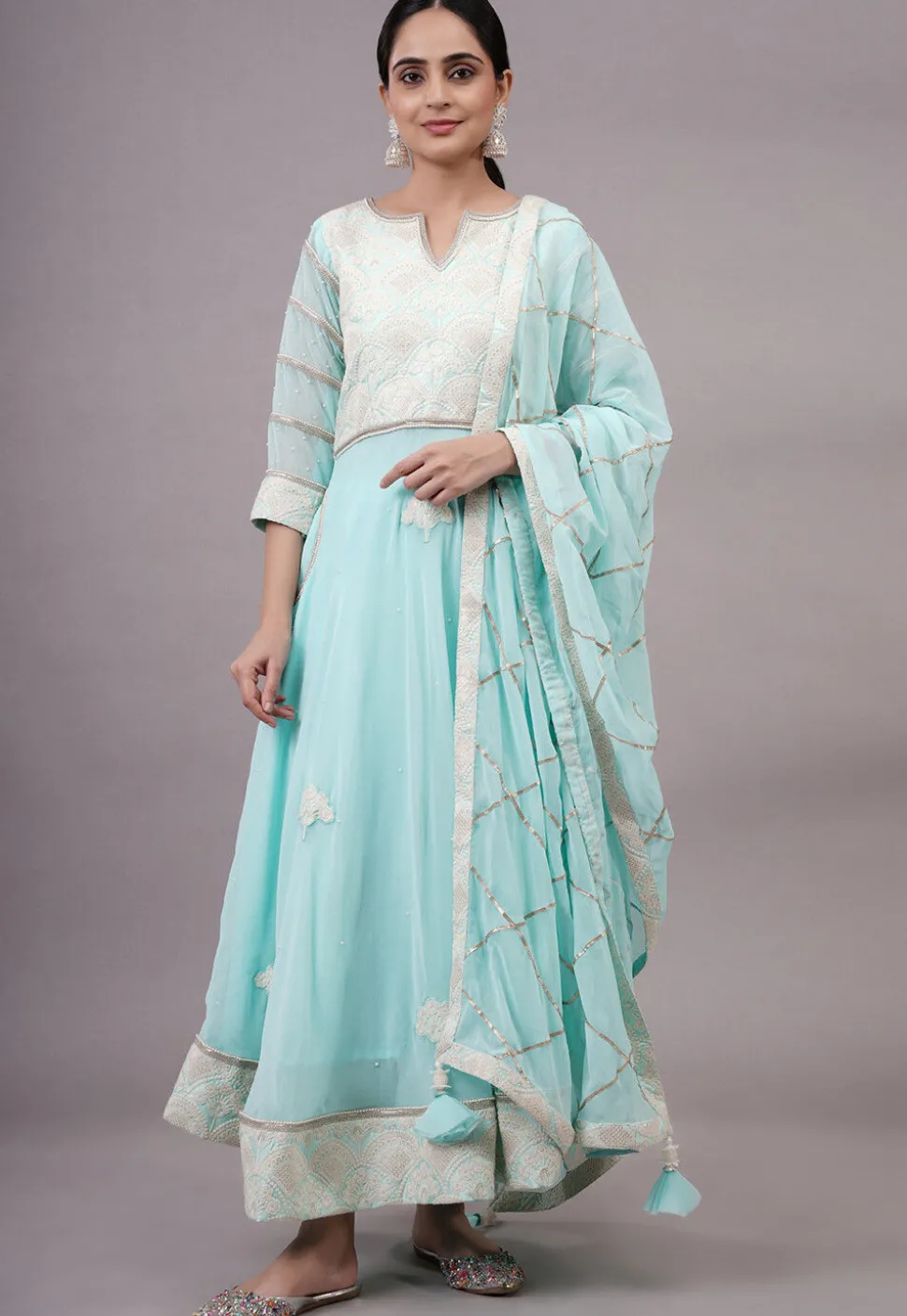 Embroidered Georgette Abaya Style Suit in Sky Blue