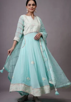 Embroidered Georgette Abaya Style Suit in Sky Blue