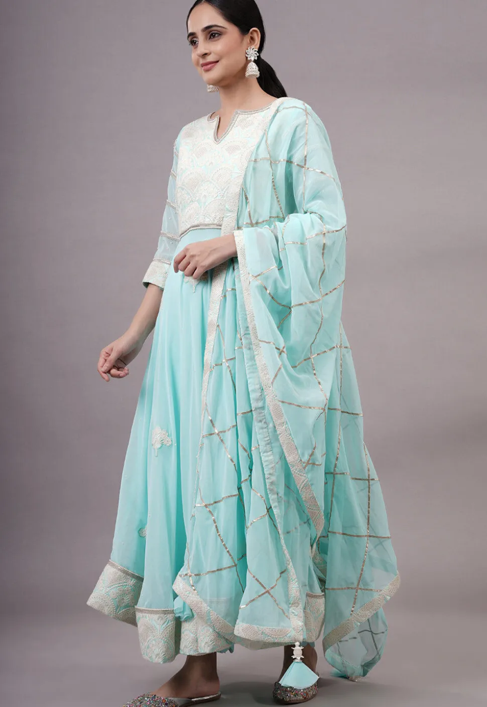 Embroidered Georgette Abaya Style Suit in Sky Blue