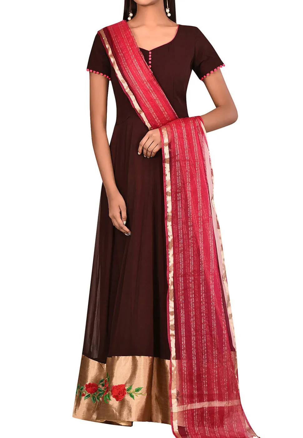Embroidered Georgette Abaya Style Suit in Dark Brown
