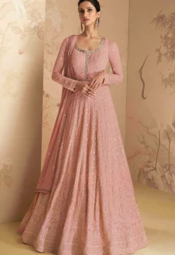 Embroidered Georgette Abaya Style Suit in Peach