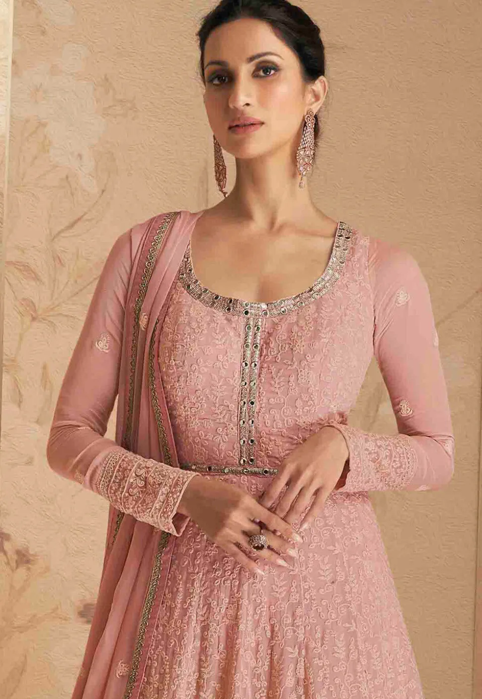 Embroidered Georgette Abaya Style Suit in Peach