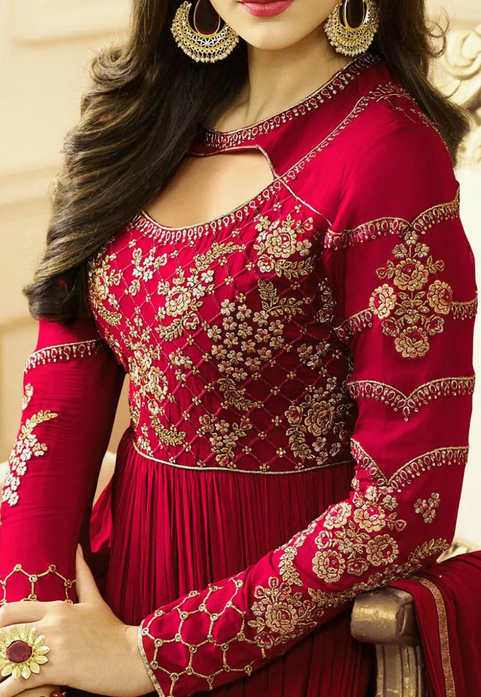 Embroidered Georgette Abaya Style Suit in Fuchsia