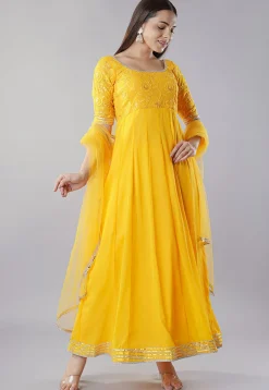 Embroidered Georgette Abaya Style Suit in Yellow