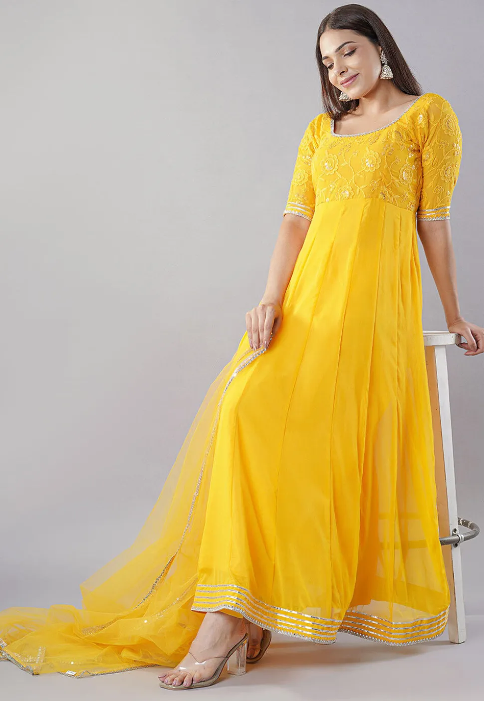 Embroidered Georgette Abaya Style Suit in Yellow