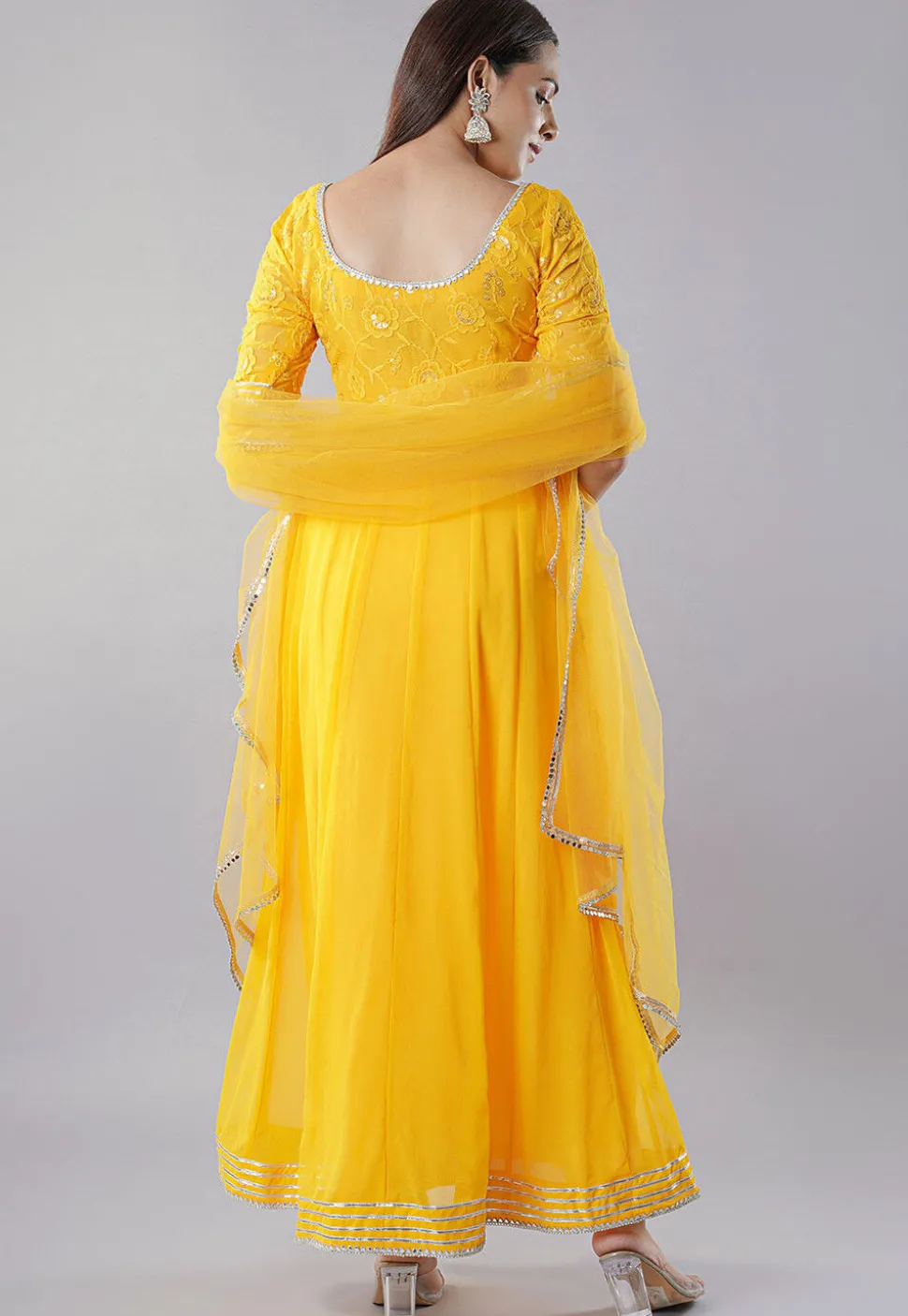 Embroidered Georgette Abaya Style Suit in Yellow