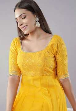 Embroidered Georgette Abaya Style Suit in Yellow