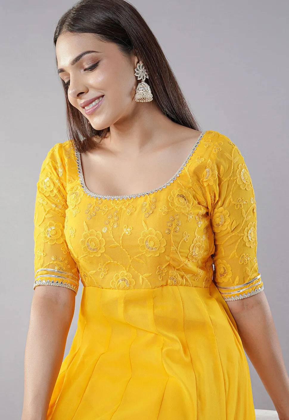 Embroidered Georgette Abaya Style Suit in Yellow