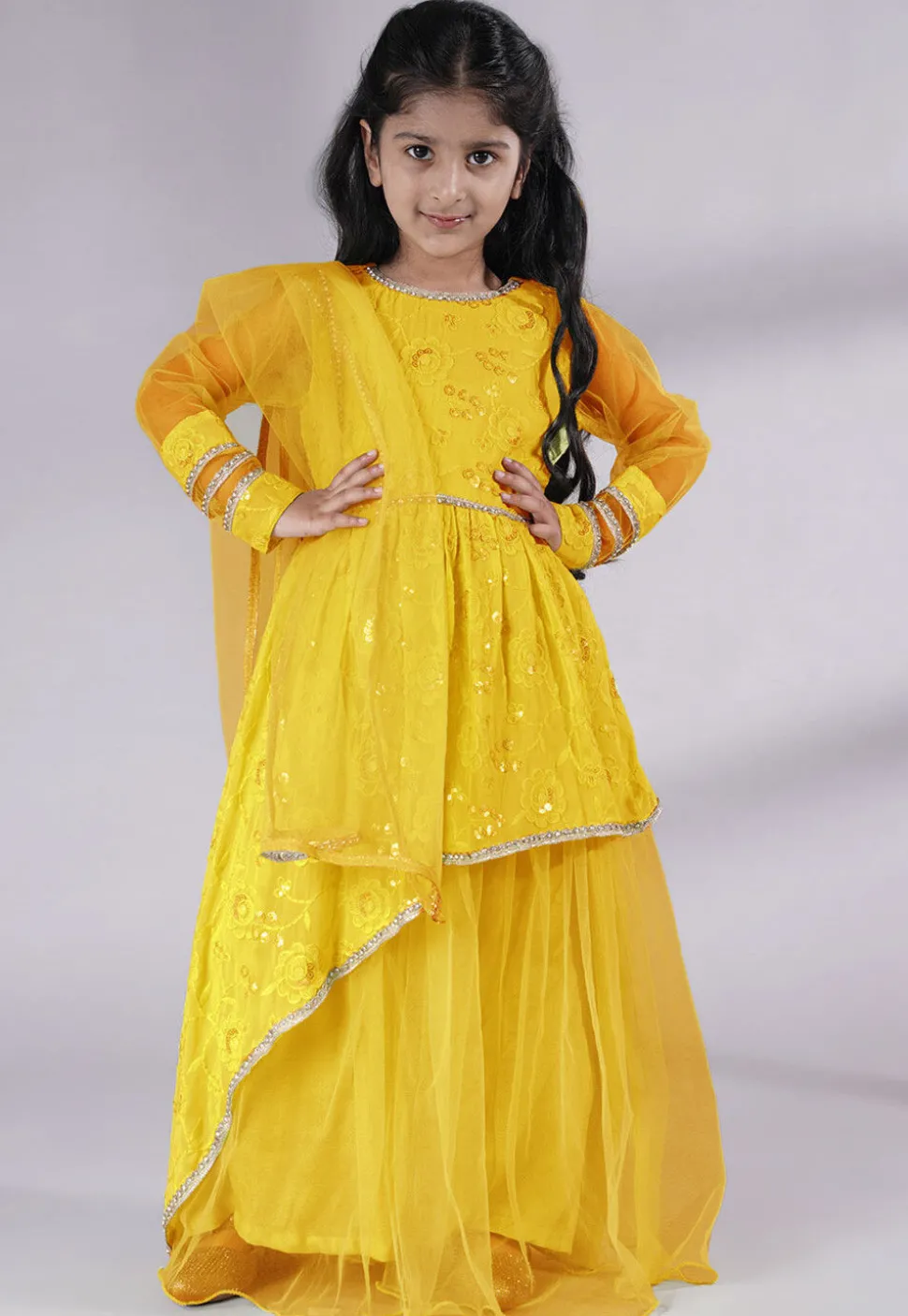 Embroidered Georgette Abaya Style Suit in Yellow