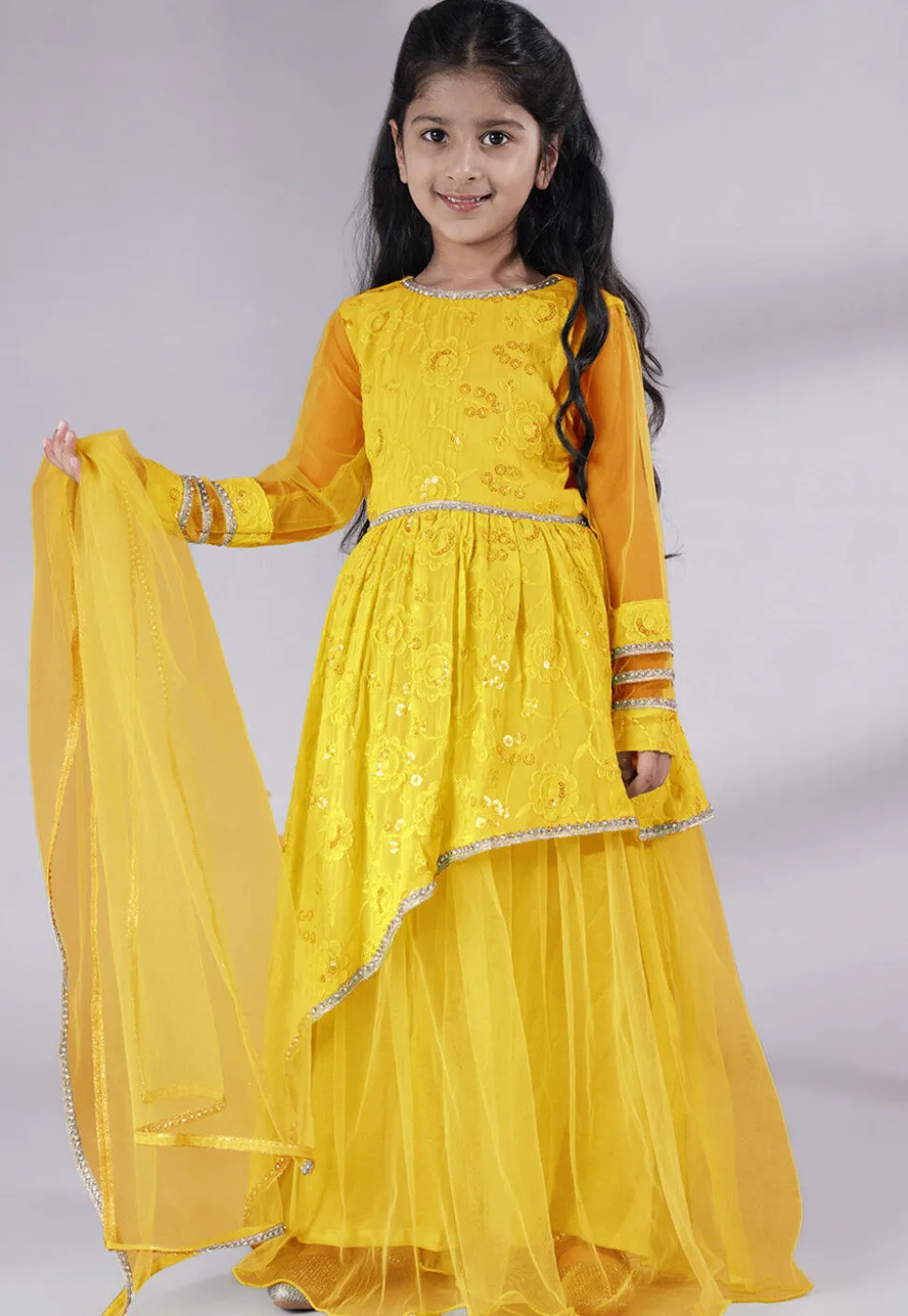 Embroidered Georgette Abaya Style Suit in Yellow