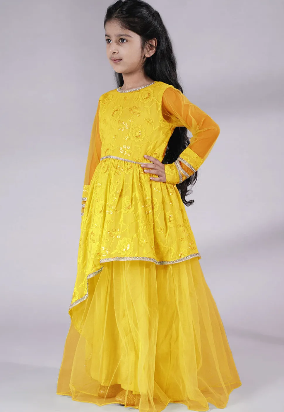Embroidered Georgette Abaya Style Suit in Yellow