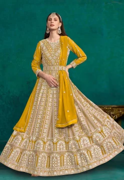 Embroidered Georgette Abaya Style Suit in Mustard
