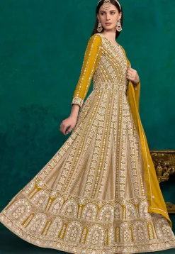 Embroidered Georgette Abaya Style Suit in Mustard