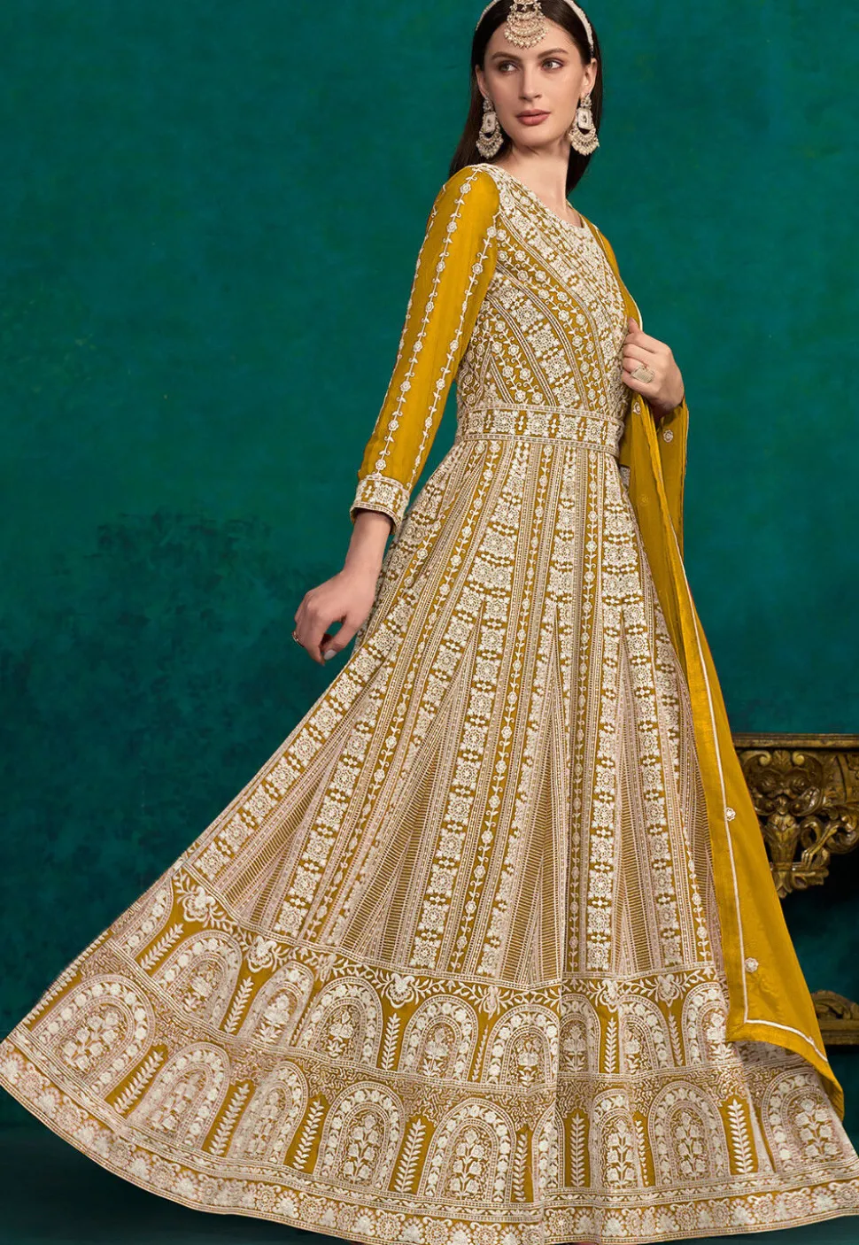 Embroidered Georgette Abaya Style Suit in Mustard