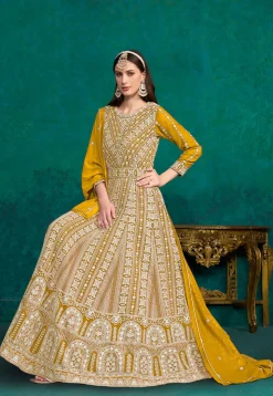 Embroidered Georgette Abaya Style Suit in Mustard