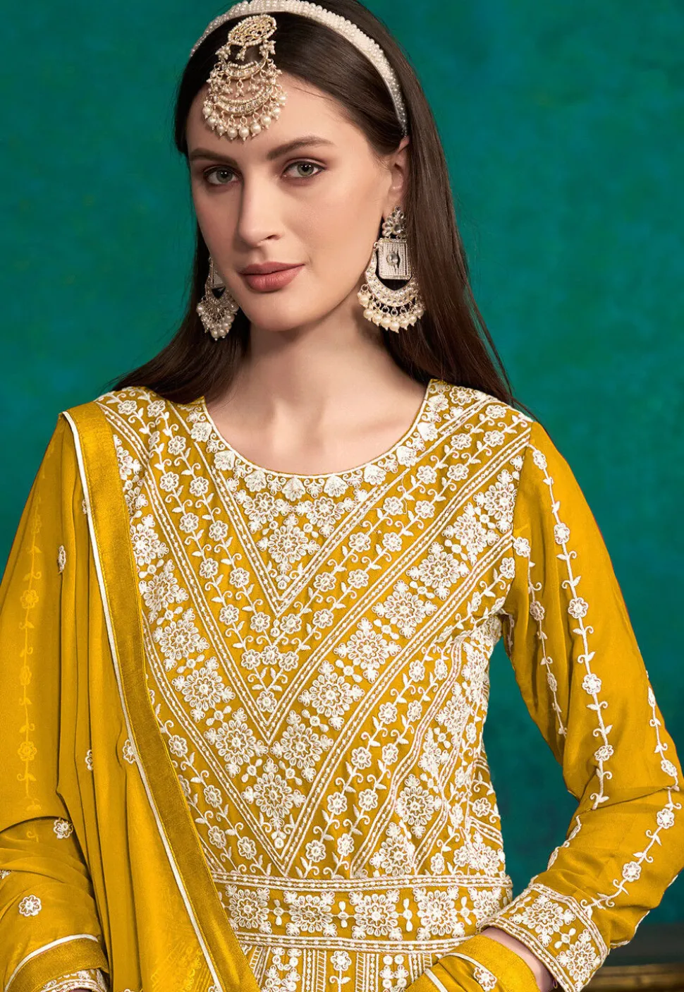Embroidered Georgette Abaya Style Suit in Mustard