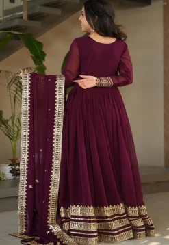 Embroidered Georgette Abaya Style Suit in Purple