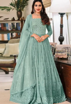 Embroidered Georgette Abaya Style Suit in Dusty Green